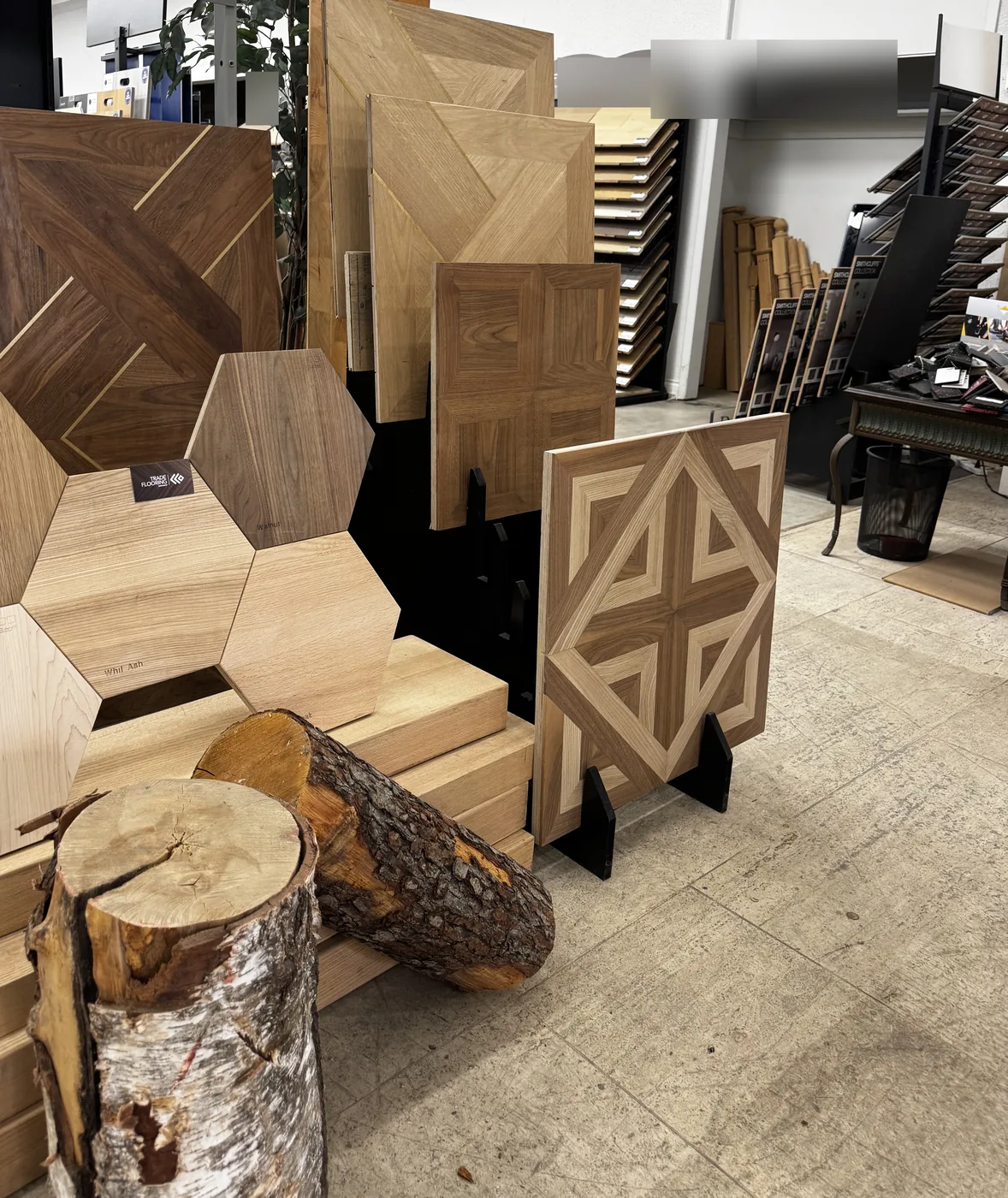 Flooring sample display — herringbone, parquet and hexagonal patterns